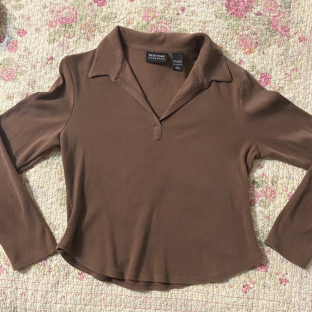 Women's Vintage NY&Co  Brown Collar Ribbed Y2K Top Large fitted long Sleeve